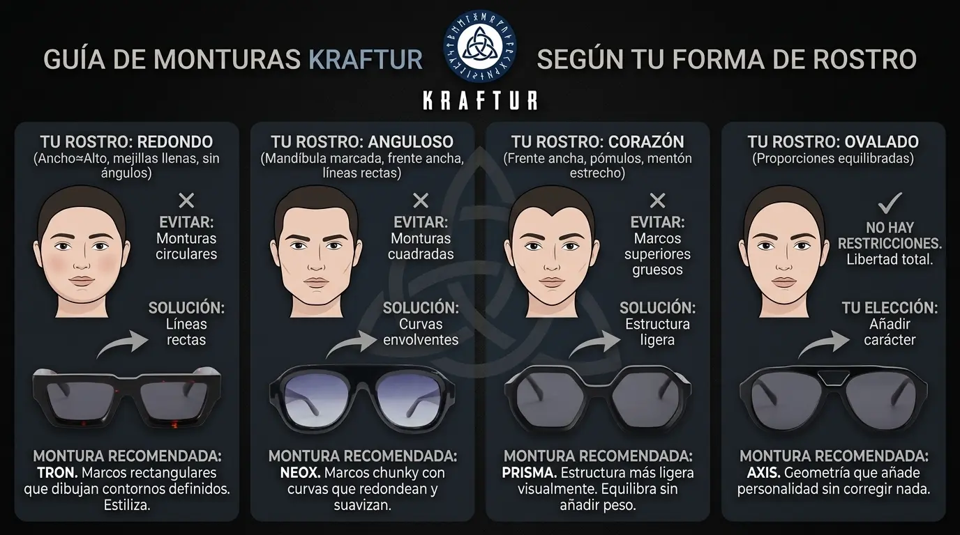 Gafas de sol según forma de cara: guía Kraftur con los 4 modelos