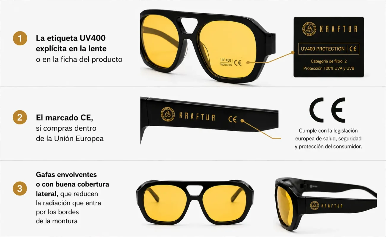 Gafas de sol Kraftur con protección UV400 real, vista despiece de materiales