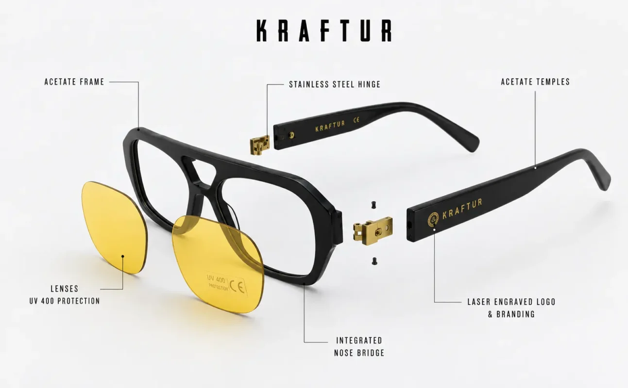 Gafas de sol Kraftur con protección UV400, vista de materiales y componentes