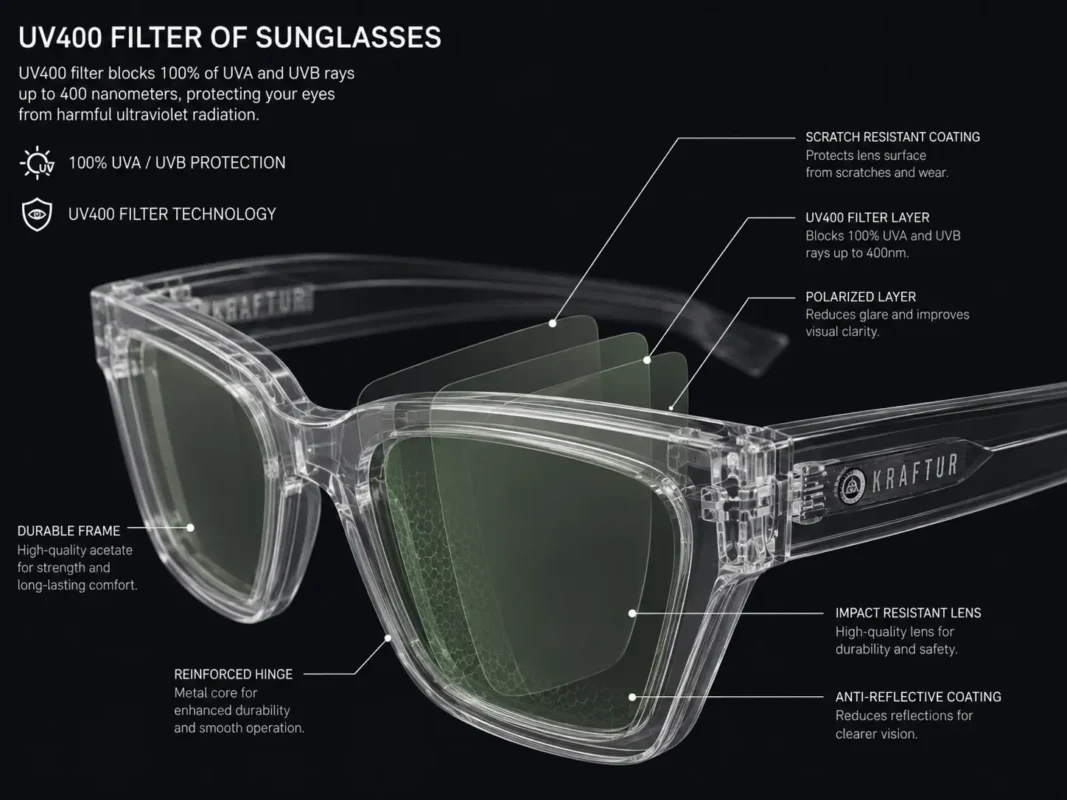Diagrama despiece de una lente de gafas de sol UV400 Kraftur, mostrando la capa de filtro UV400 y la capa polarizada por separado