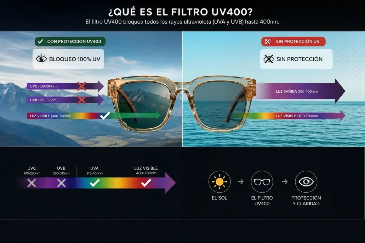 Esquema del espectro UV explicando el filtro UV400 en gafas de sol, con y sin protección